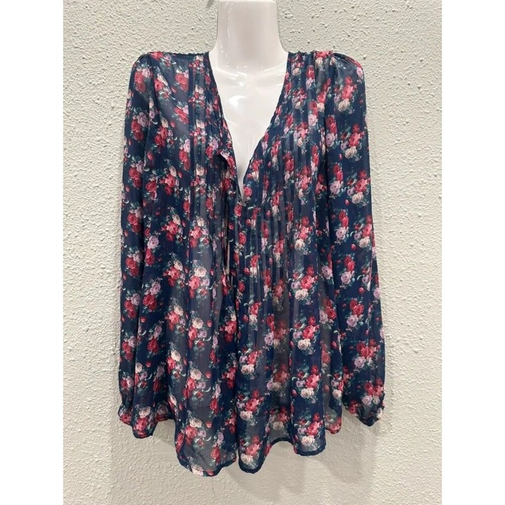 Navy Blue Floral Sheer Long Sleeve Blouse Plus Size 1X VNeck Pleated Boho Casual